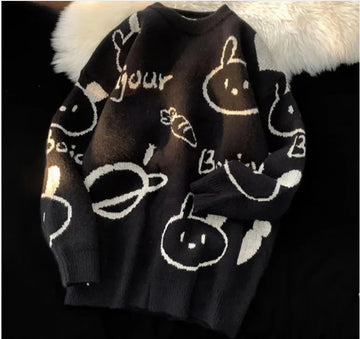 Women Cute Cartoon Oversized Sweater Bear Rabbit Carrot Pullovers Korean Version Female Retro Knit Pink Blue White Tops 2022